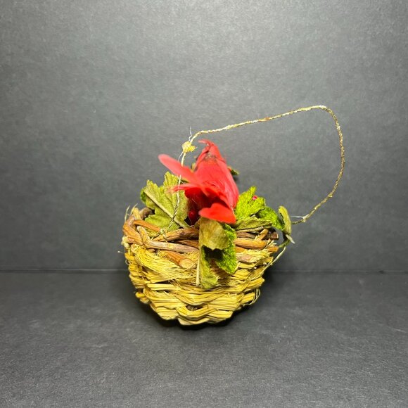 Vintage Handcrafted Cardinal Bird in Woven Wicker Nest Christmas Tree Ornament - Picture 3 of 8